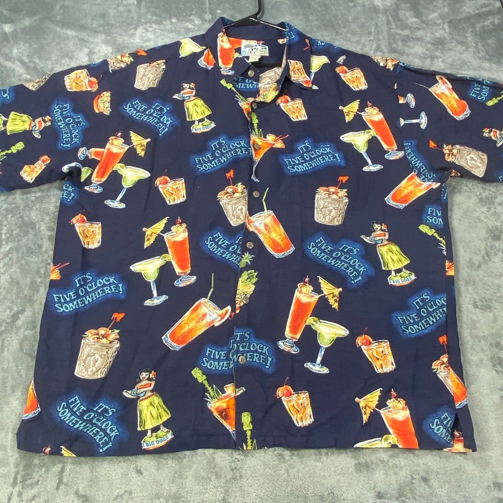 Big Dogs Hawaiian Shirt Men 2XL Linen Rayon Button Up Cocktails Hula Girl Print